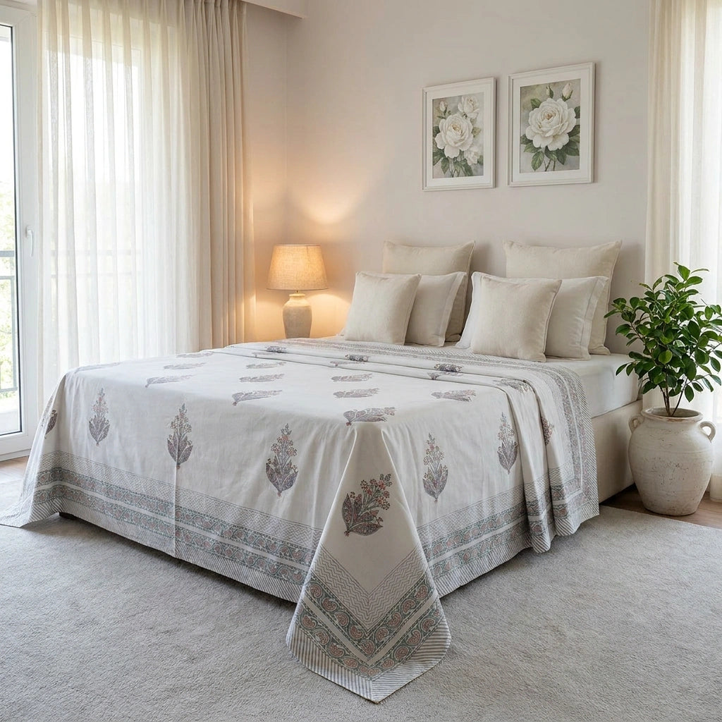 A neatly made bed in a softly lit bedroom, covered with a white quilted duvet and matching pillow shams featuring gray botanical leaf motifs and a decorative border. The room has cream curtains, a bedside lamp, two framed white flower prints on the wall, and a potted green plant on the floor.