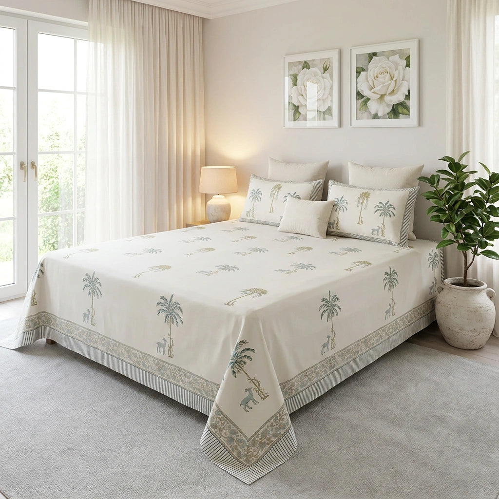 A neatly made bed in a bright bedroom, covered with a cream-colored bedspread and matching pillow shams featuring a repeating palm tree and elephant pattern. The room has neutral beige walls, sheer curtains, a bedside lamp, framed floral wall art, and a potted plant.