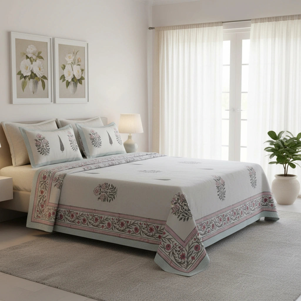 A neatly made bed in a bright bedroom setting, covered with a white quilted bedspread featuring a decorative floral border in muted pink and sage green, with matching decorative pillows.
