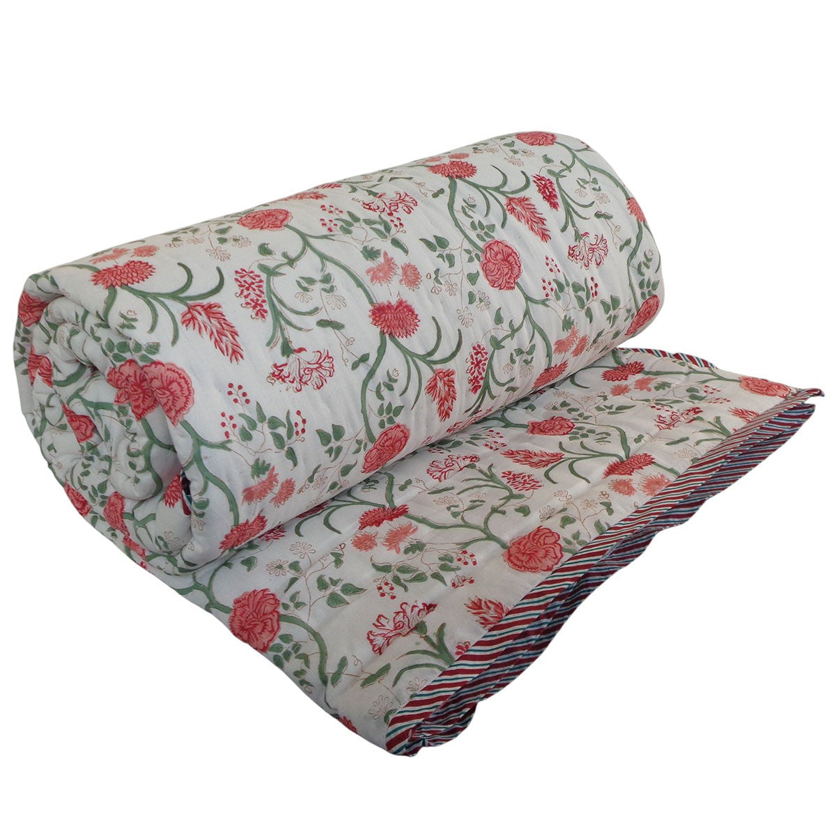 A rolled quilted blanket with a red and green floral vine pattern on a white background, displayed on a clean white background.