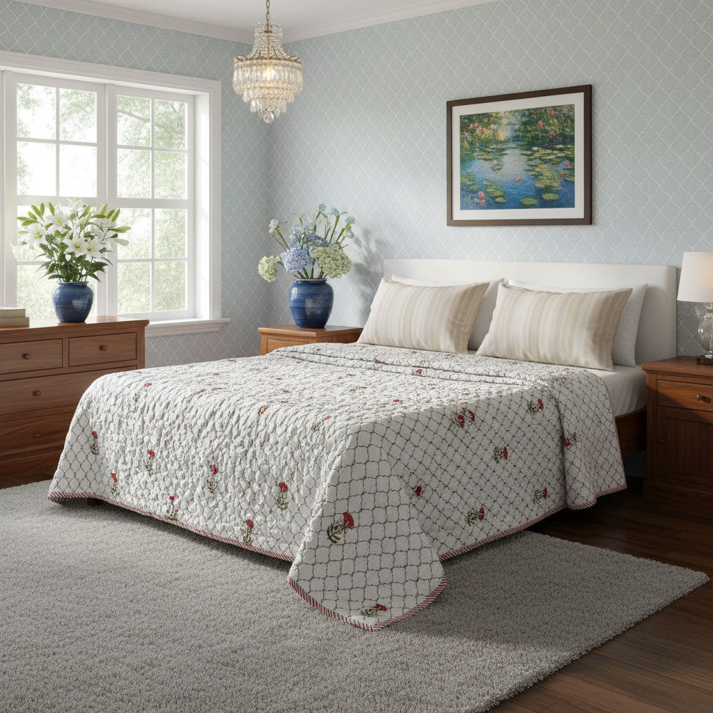 A quilted white bedspread with a subtle geometric lattice pattern and small red floral accents, styled on a bed in a bright, modern bedroom with light blue patterned wallpaper, wooden nightstands, and a gray shag rug.