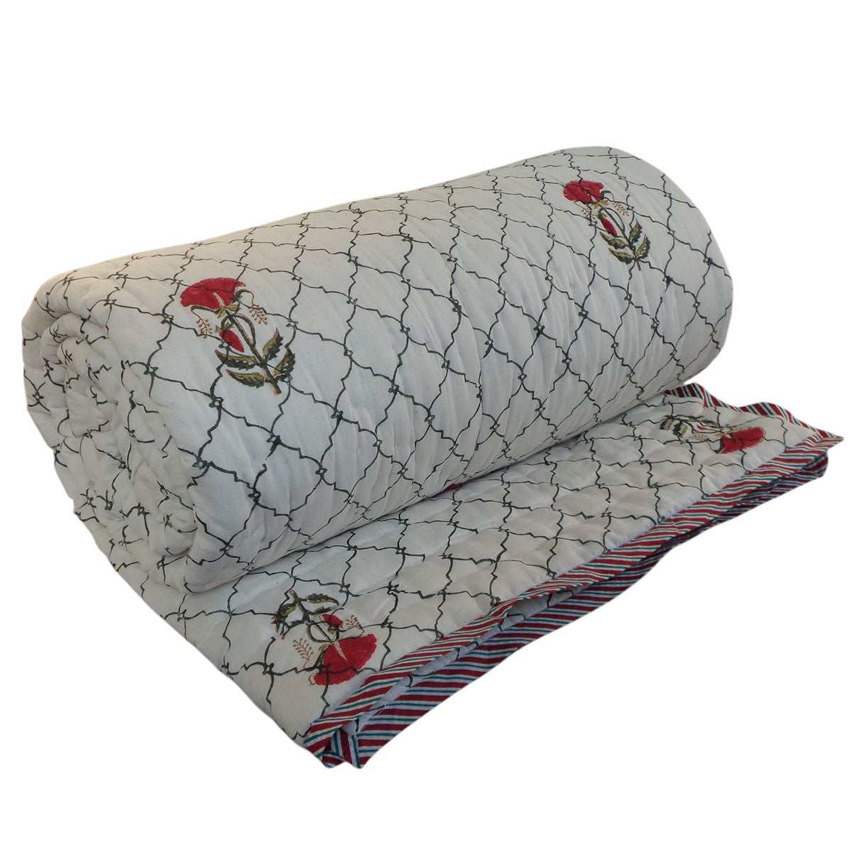 A folded quilted blanket with a black geometric lattice pattern on a white background, decorated with red and green rooster motifs, and finished with a striped border.