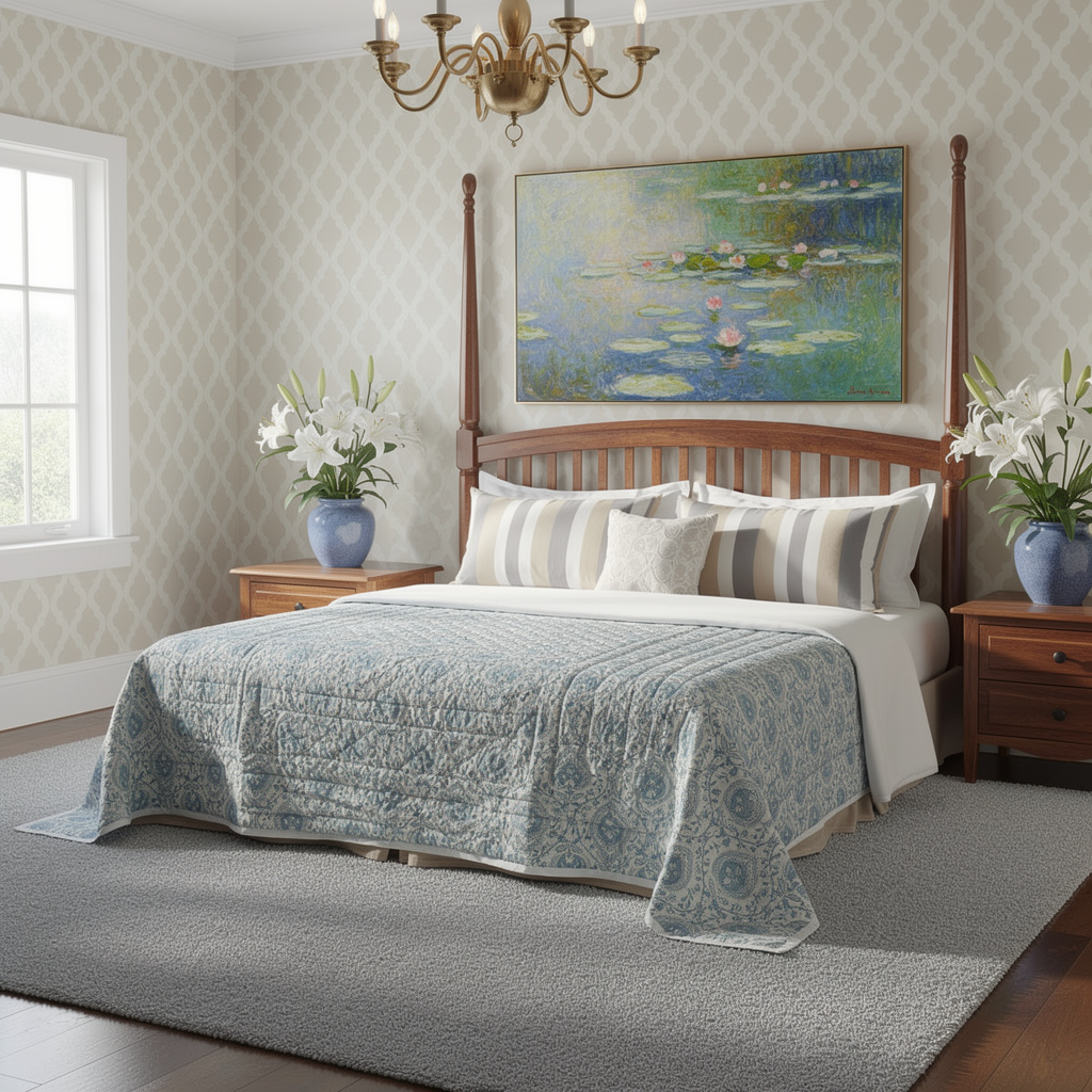 A styled bedroom featuring a wooden four-post bed with a light blue patterned quilt, white linens, striped pillows, a gray rug, matching bedside tables, and a large water-lily painting above the headboard.