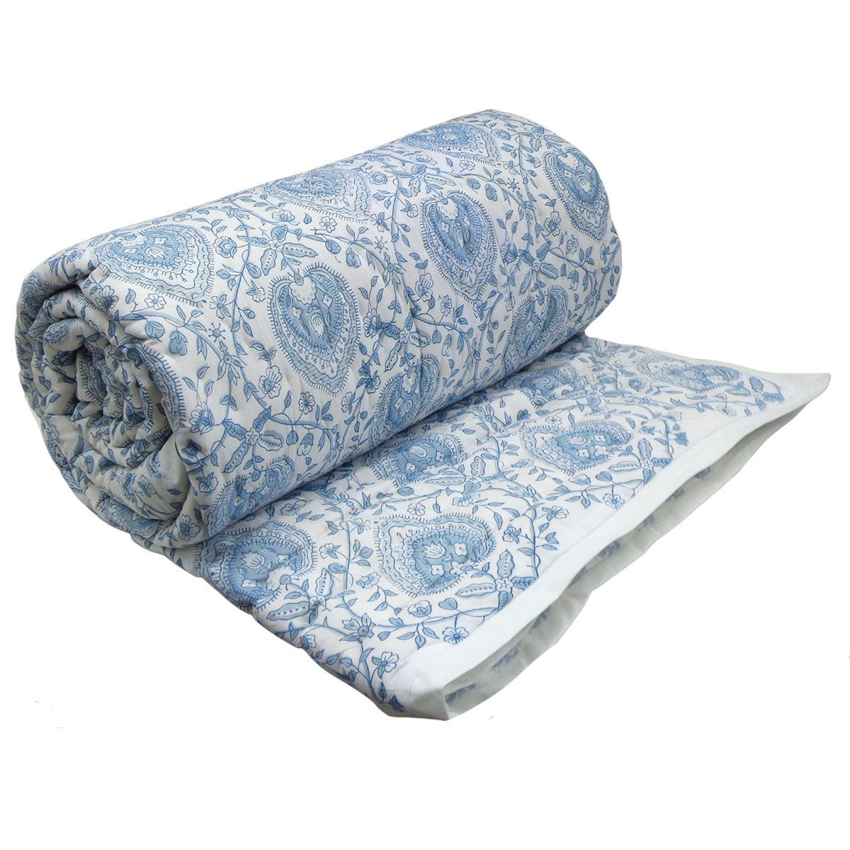 A rolled-out quilted blanket with a blue and white floral paisley pattern, displayed on a clean white background.