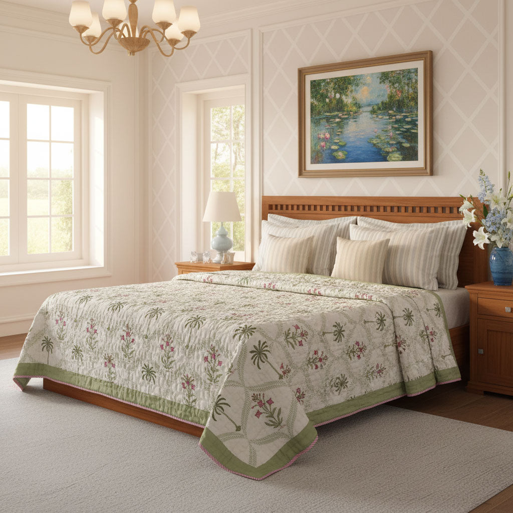 Hand Block Printed Cotton Queen Size Quilt | 202305