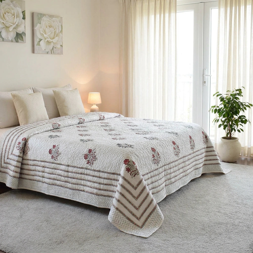 A quilted bedspread set in a bright, neutral-toned bedroom. The set includes a cream and taupe striped quilt with a floral pattern, matching pillow shams, and a folded corner showing a chevron pattern.