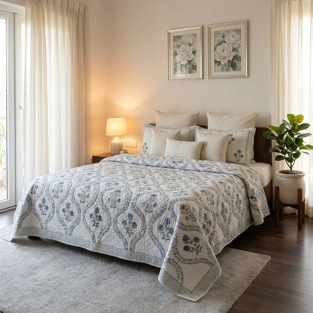A beautifully styled bedroom featuring a light blue and white patterned quilted comforter set on a bed with matching pillows. The room has warm neutral walls, sheer curtains, a bedside table with a lamp, framed floral prints, and a potted plant.