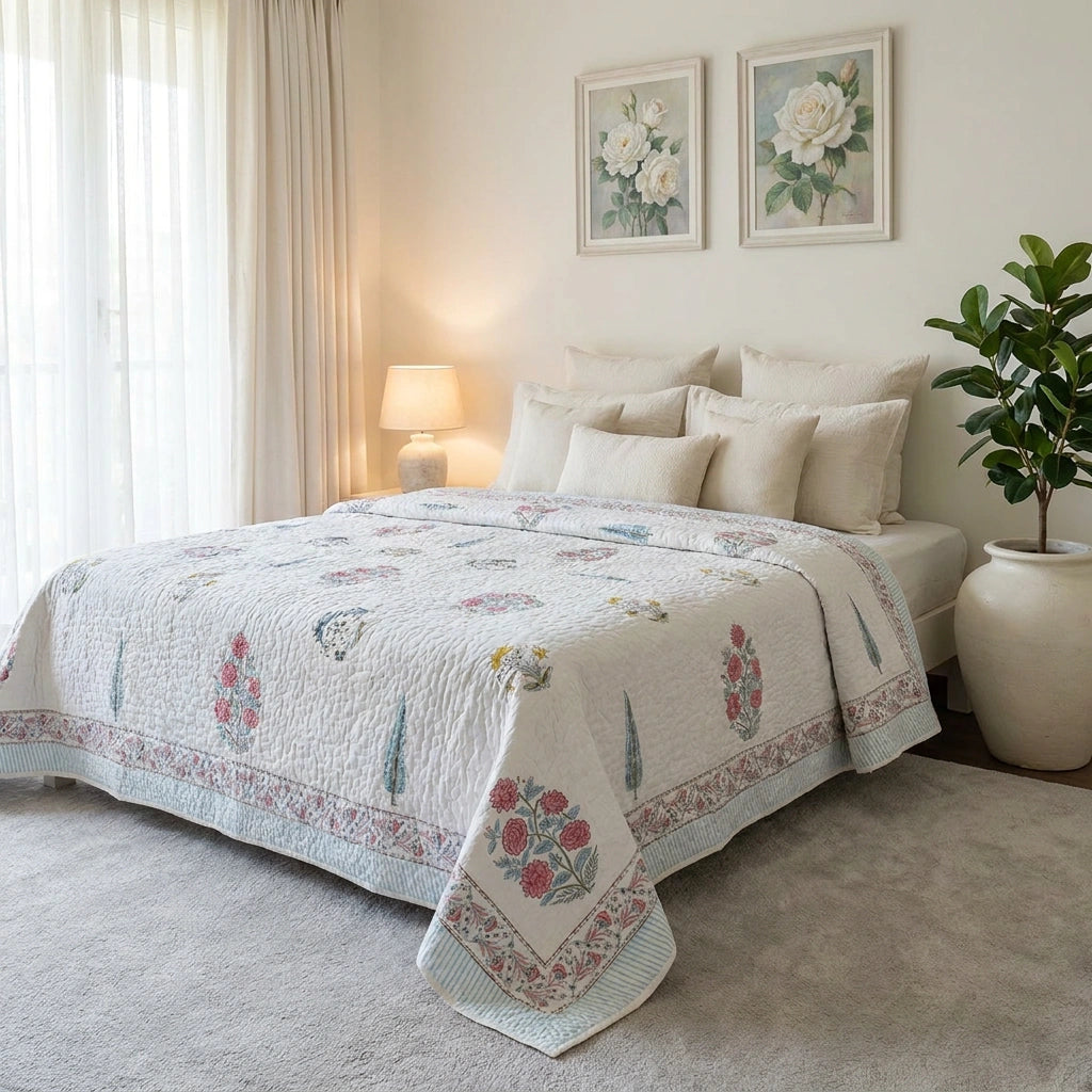 A floral quilted bedspread with matching shams and coordinating pillows in a softly lit bedroom. The bedding features a cream base with pink, red, and green botanical motifs and a decorative border.