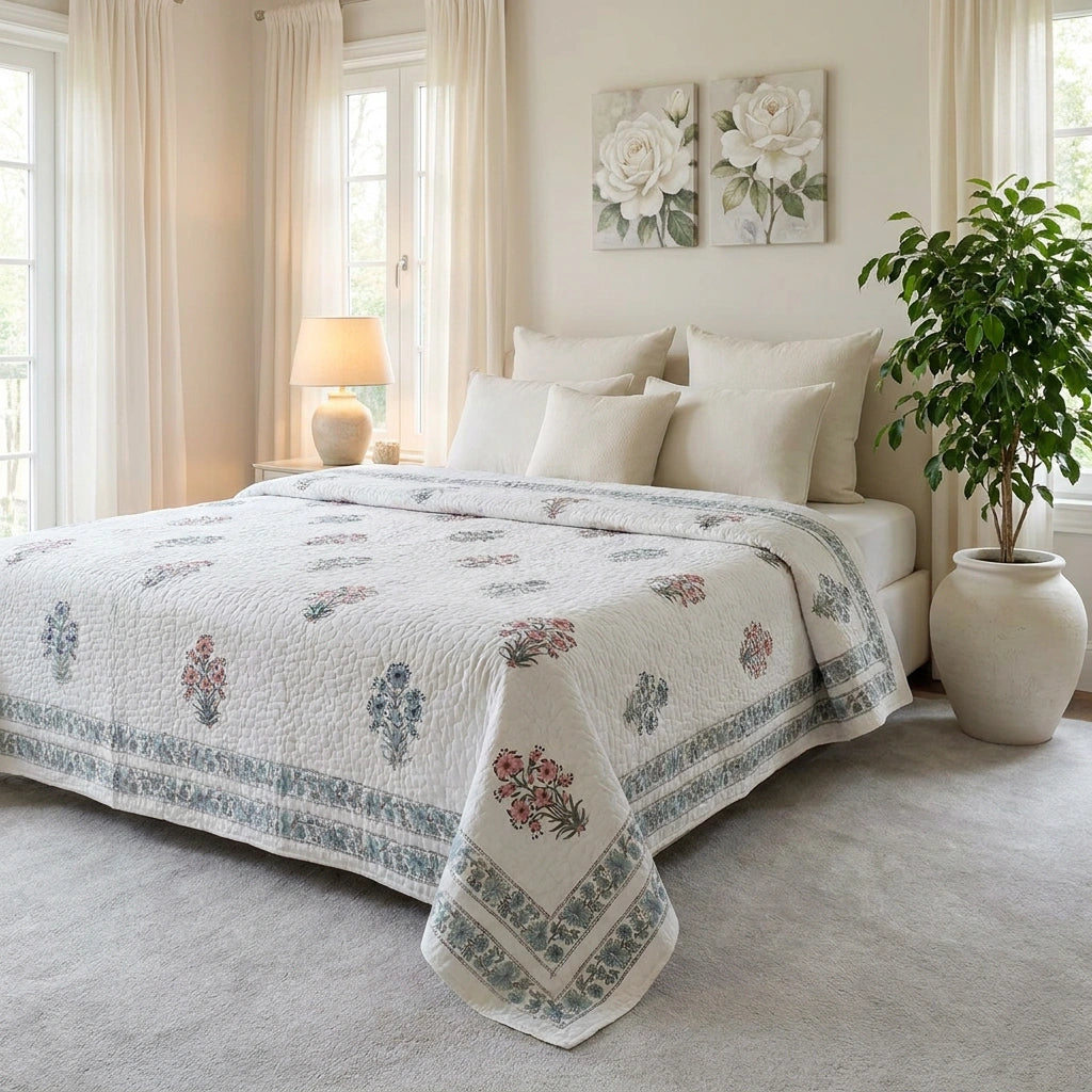 A cream quilted bedspread with a blue and muted red floral pattern is styled on a bed in a bright, neutral-toned bedroom. The bed is made with matching cream pillows and a matching cream comforter, set against a light beige headboard.