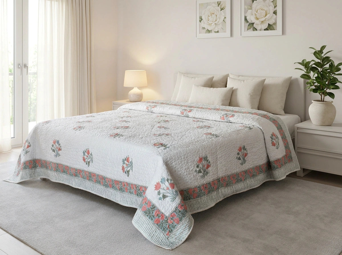 A quilted bedspread with a floral pattern in muted coral, sage green, and gray, styled on a bed in a bright, neutral-toned bedroom.