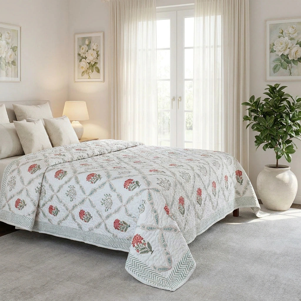 A quilted bedspread with a white background, gray diamond lattice pattern, and red and green floral motifs, styled on a bed in a bright, neutral-toned bedroom.