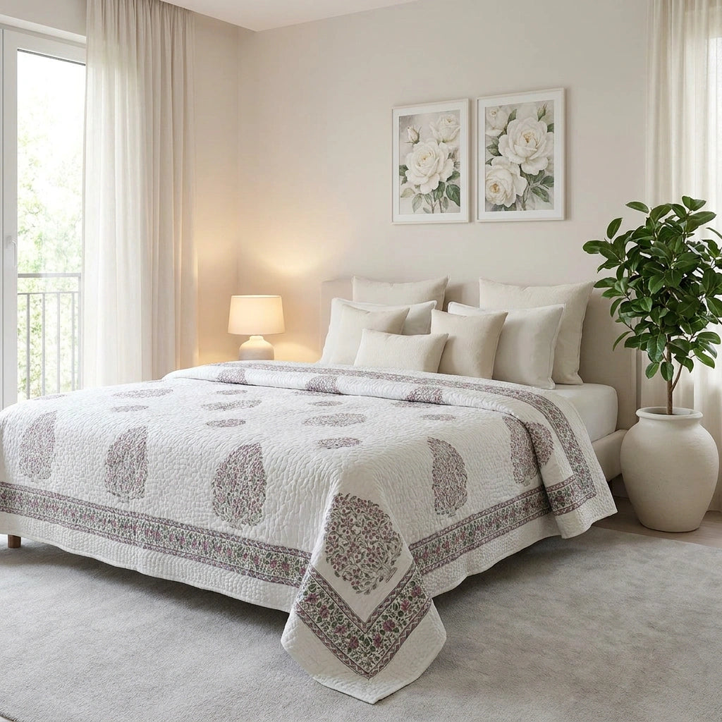A quilted bedspread with a traditional paisley and floral border pattern in beige and brown tones, styled on a bed in a bright, neutral-toned bedroom.