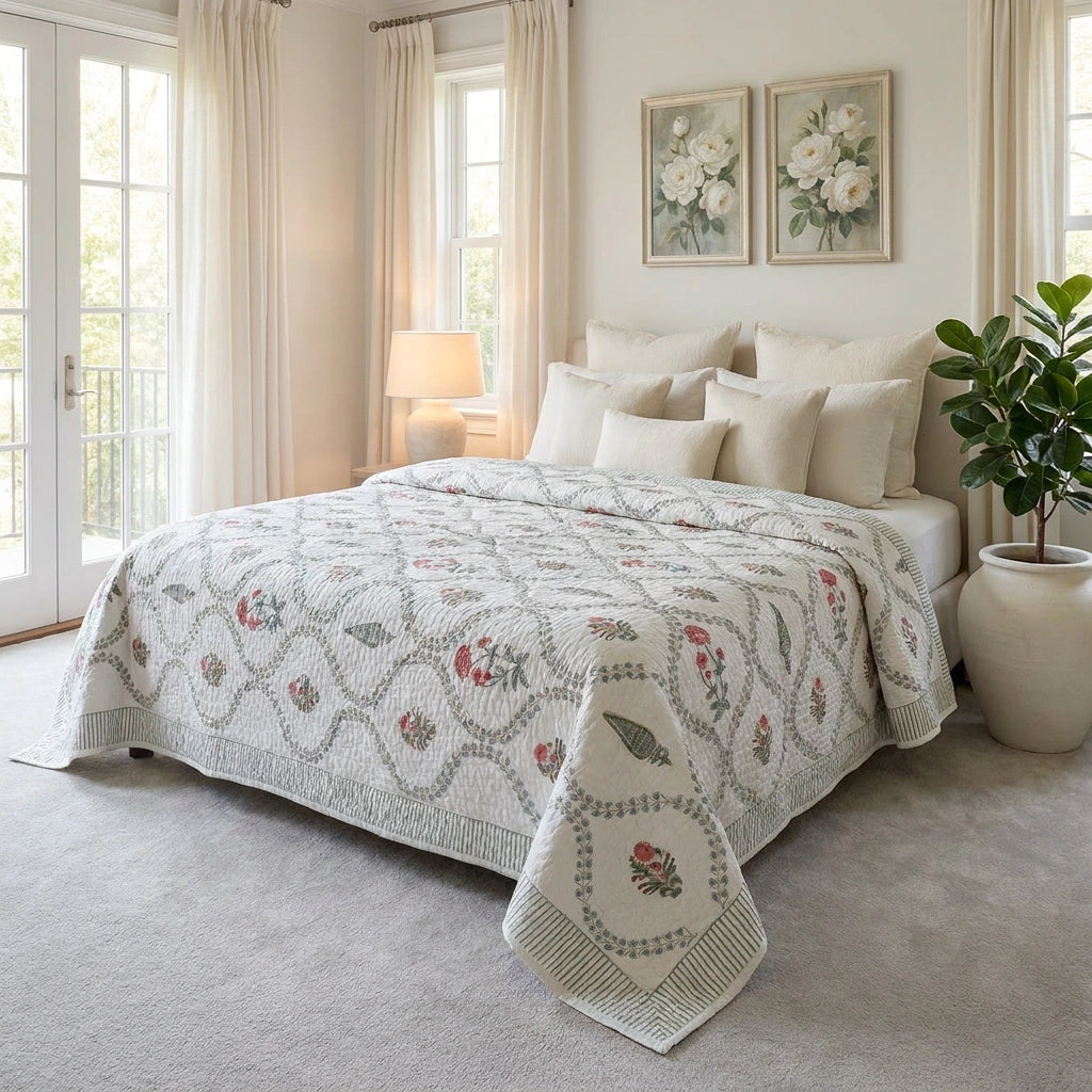 A quilted cream quilt with a floral and geometric pattern is styled on a bed in a bright, neutral-toned bedroom. The bed is adorned with matching cream pillows and a matching folded quilt at the foot.