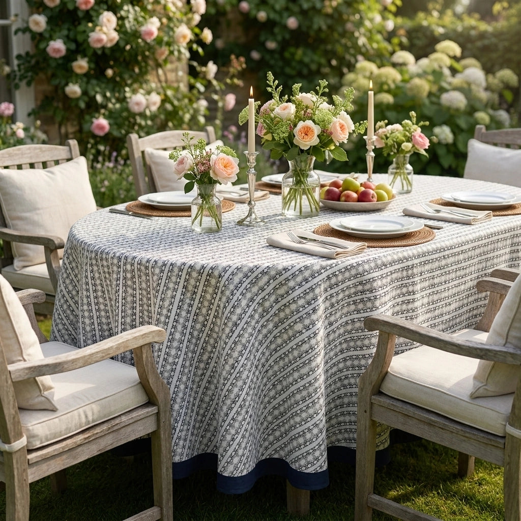 A round outdoor dining table covered with a textured gray and white patterned tablecloth, surrounded by wooden chairs with cream cushions. The table is styled with floral centerpieces, candles, plates, and fruit, set in a lush garden environment.