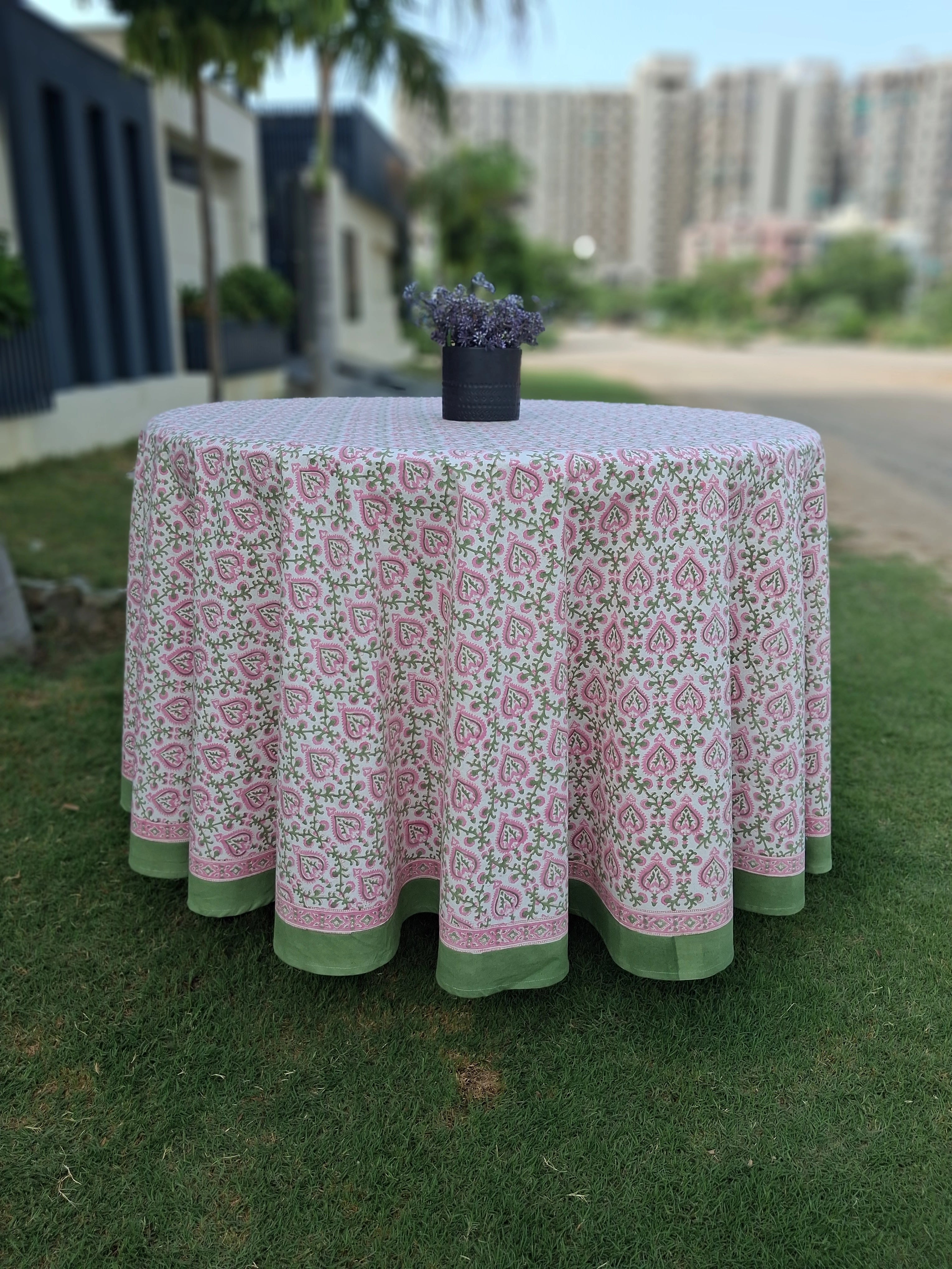 Round 220 cms Cotton French Design Table Cover | Mughal Pink Green 202520