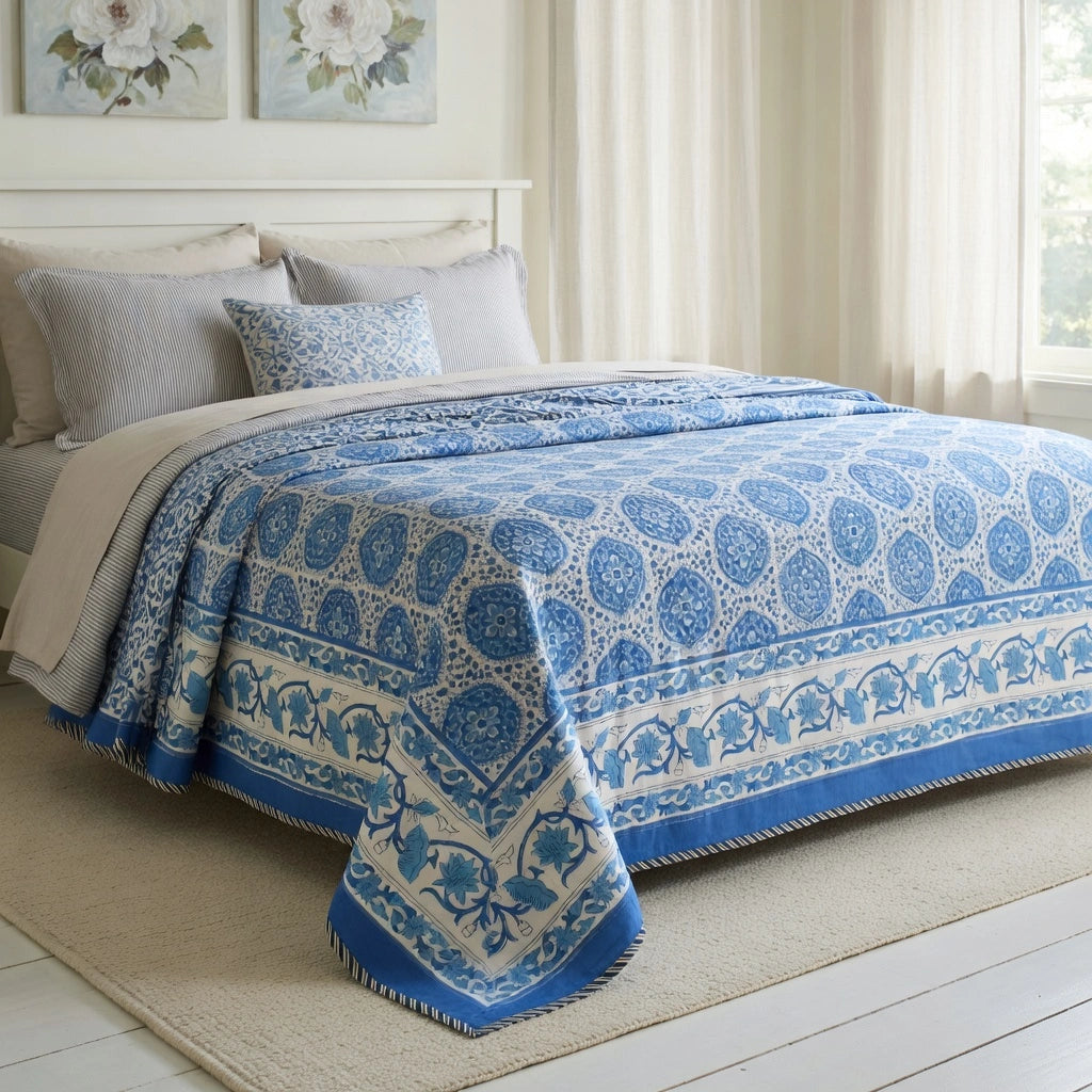 A blue and cream patterned quilted bedspread with matching pillow shams and solid cream pillows, styled on a bed in a bright, neutral-toned bedroom.