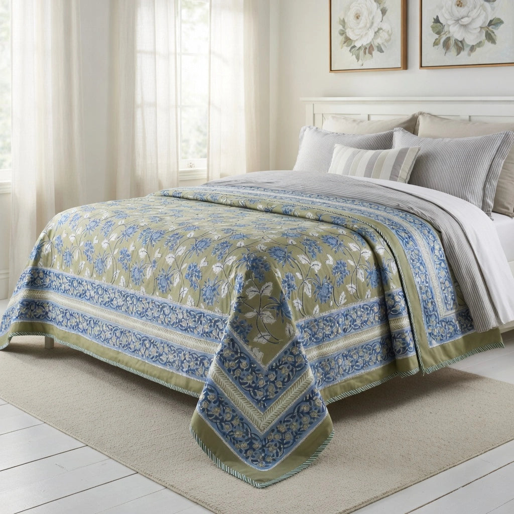 A patterned quilted comforter in sage green and blue with floral motifs and fringed edges, styled on a bed in a bright, neutral bedroom.