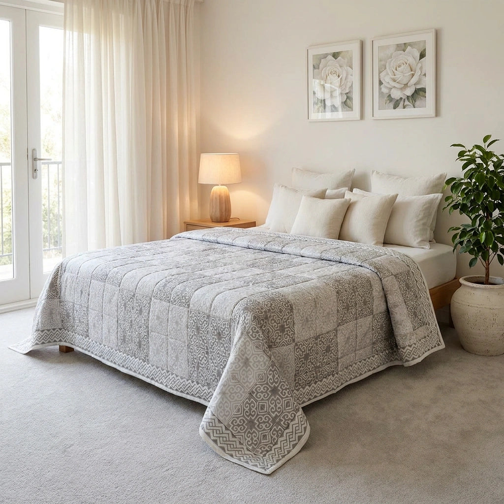A light gray and white quilted patchwork comforter with intricate embroidered geometric borders, styled on a bed in a bright, neutral-toned bedroom.