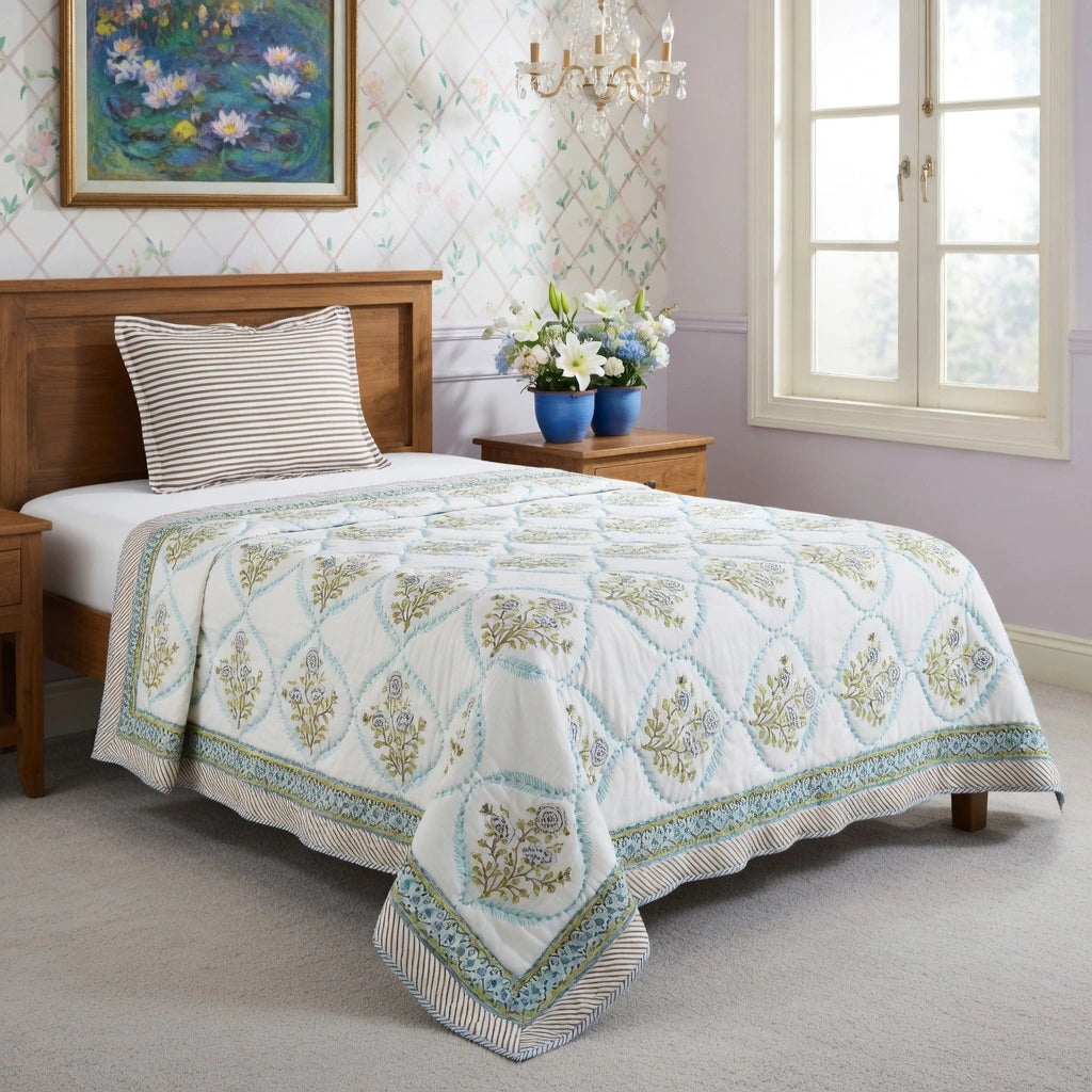 A quilted bedspread with a white base, light blue borders, and green floral motifs, styled on a wooden bed in a bedroom setting.