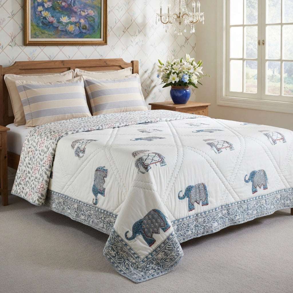 Hand Block Printed Cotton Queen Size Quilt