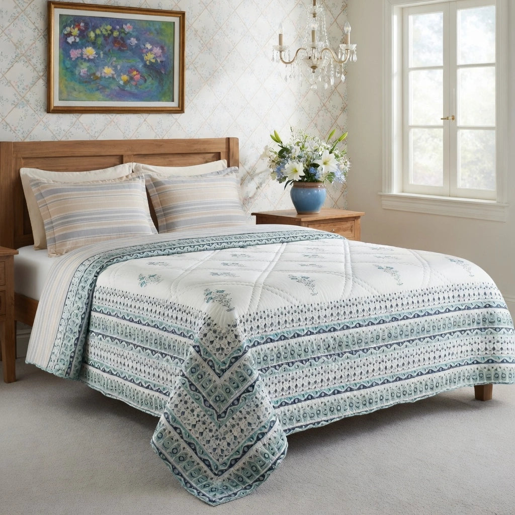 A light blue and white patterned quilted comforter set on a wooden bed in a bright, styled bedroom with matching striped pillows, a chandelier, and a window.