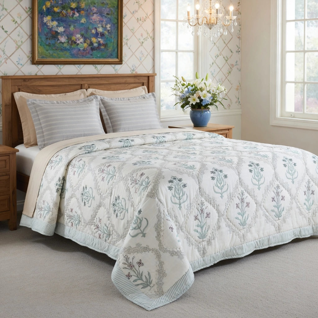 A quilted bedspread with a light blue floral and vine pattern, styled on a wooden bed in a bright, classic bedroom.