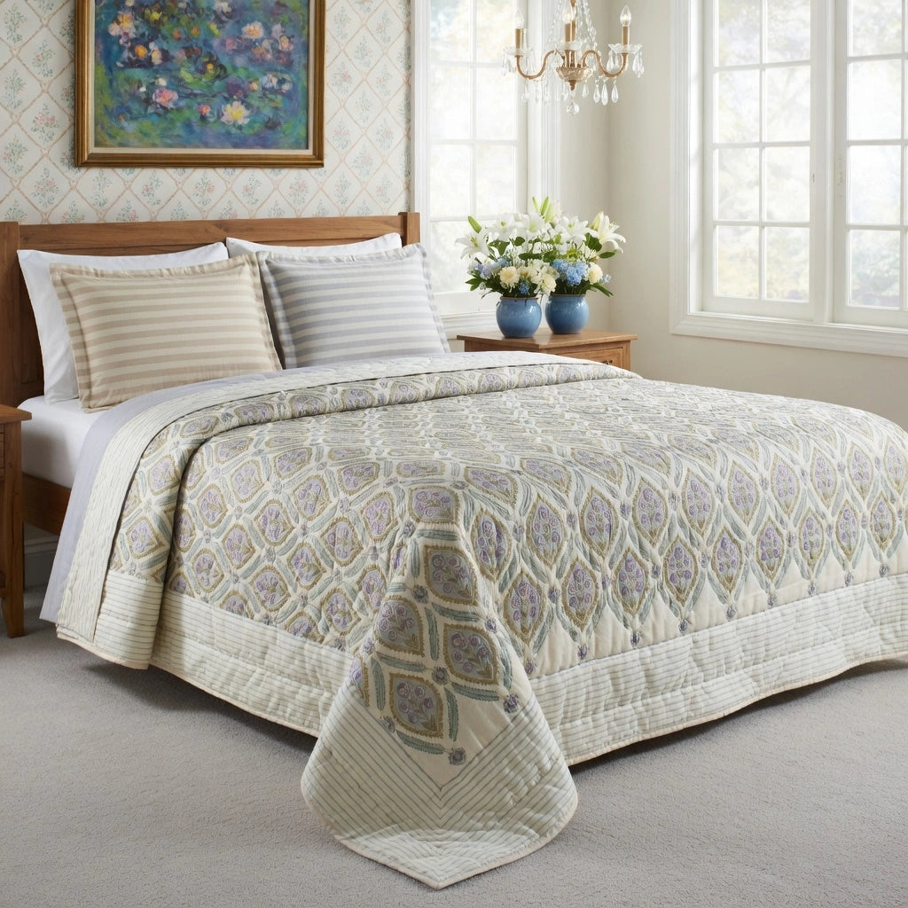 A quilted comforter with a geometric floral pattern in beige, cream, and muted purple, styled on a wooden bed in a bright, neutral-toned bedroom.