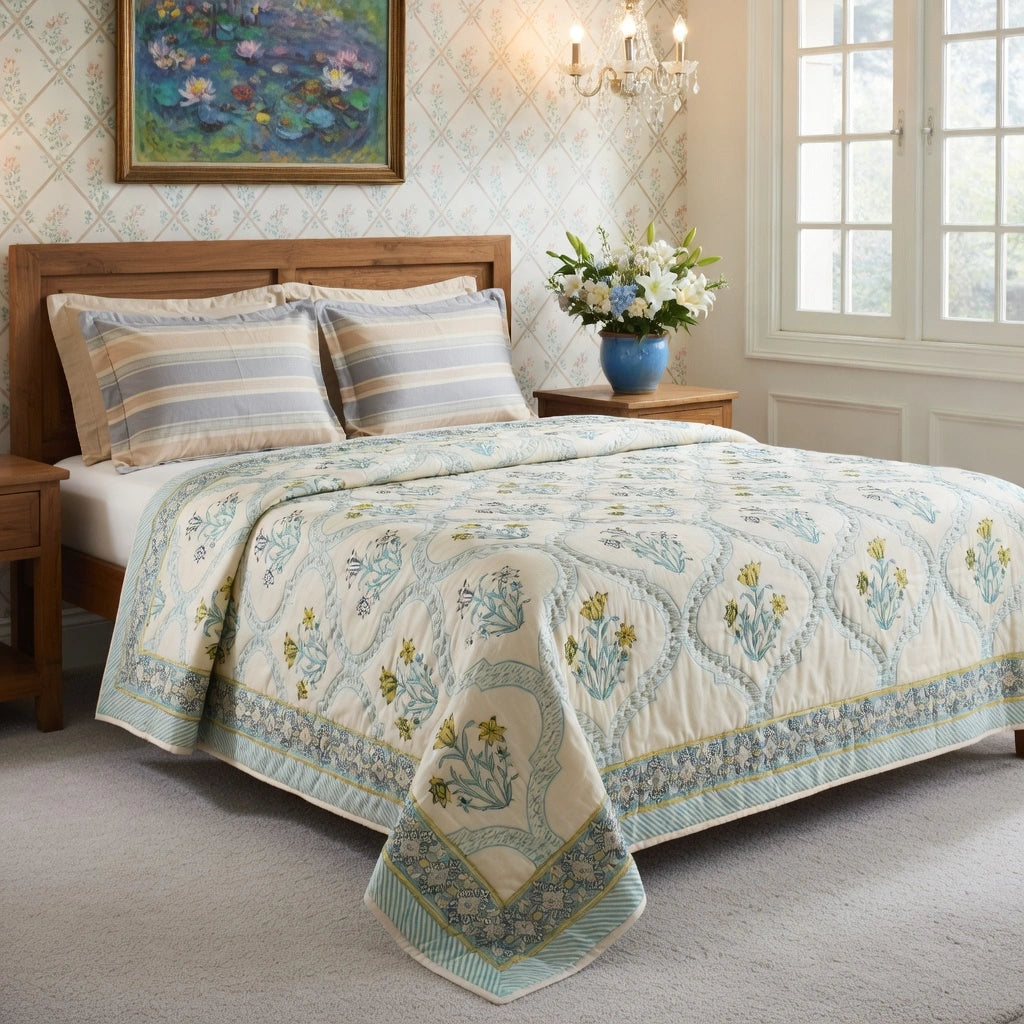 A light blue and cream quilted comforter set with a floral damask pattern and striped pillows, styled on a wooden bed in a bright, classic bedroom.