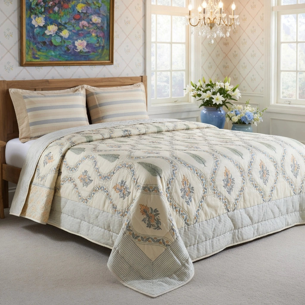 A quilted comforter set with matching striped pillows on a wooden bed in a bright, classic bedroom. The comforter features a cream base with a blue and green floral damask pattern, and a striped border.