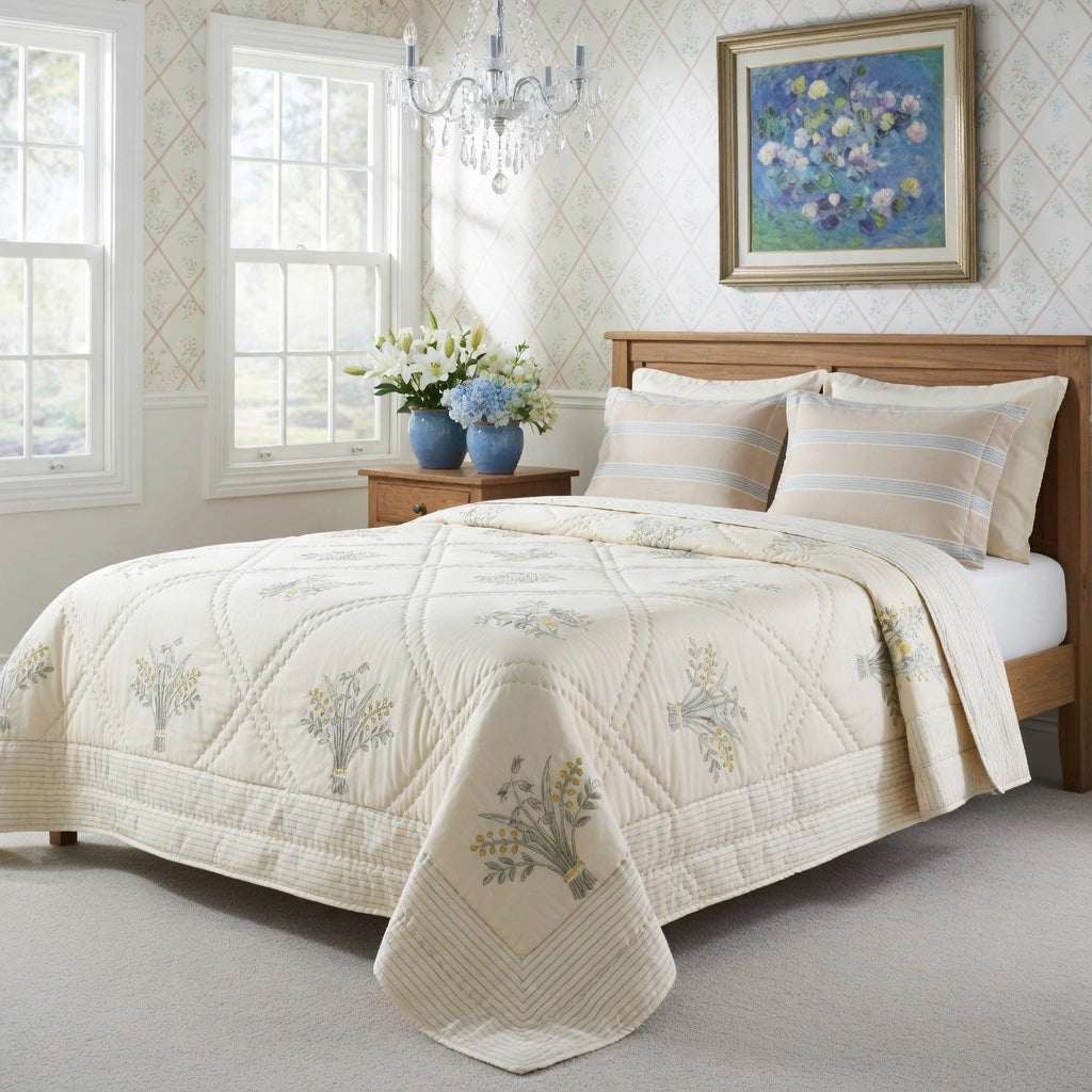 A cream quilted comforter with floral embroidery and striped pillows on a wooden bed in a bright, classic bedroom.