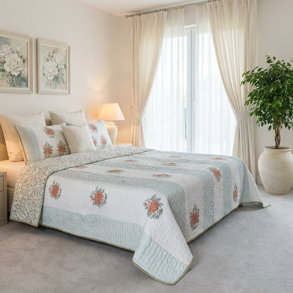 A light blue and white quilted bedding set with coral floral motifs and matching pillow shams, styled on a bed in a bright, neutral-toned bedroom.