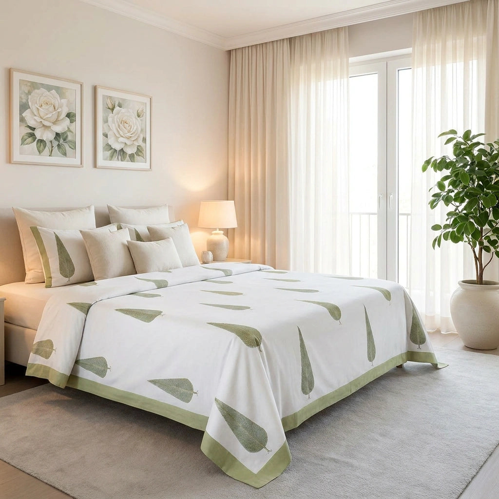 A neatly made bed in a bright, modern bedroom featuring a white quilted cover with a sage green leaf pattern and matching pillow shams. The room has warm beige walls, cream curtains, a bedside table with a lamp, and a potted plant.