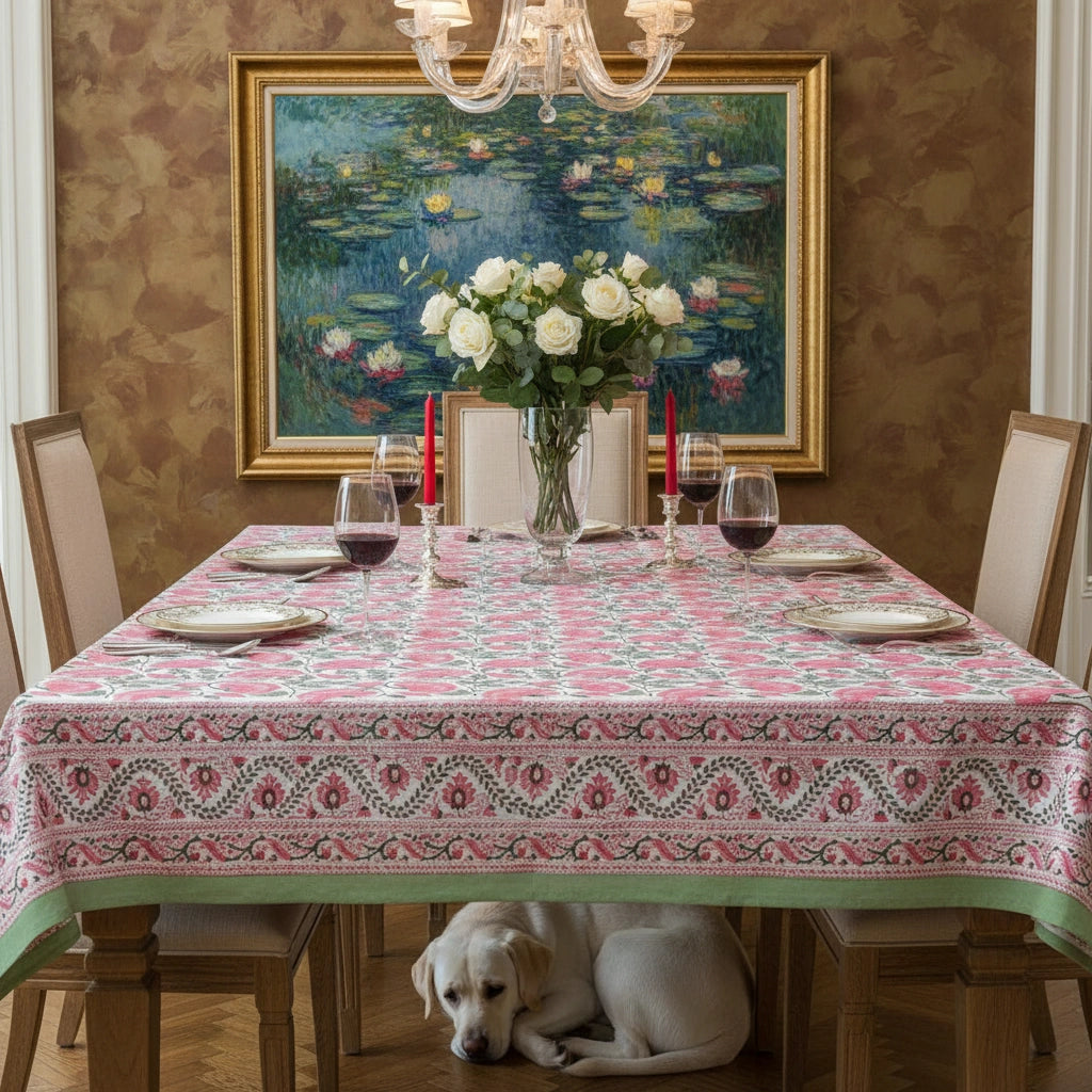 Handcrafted Jaipuri Large Tablecloth For Festive Dining | Kamal Gulabi Open 103739