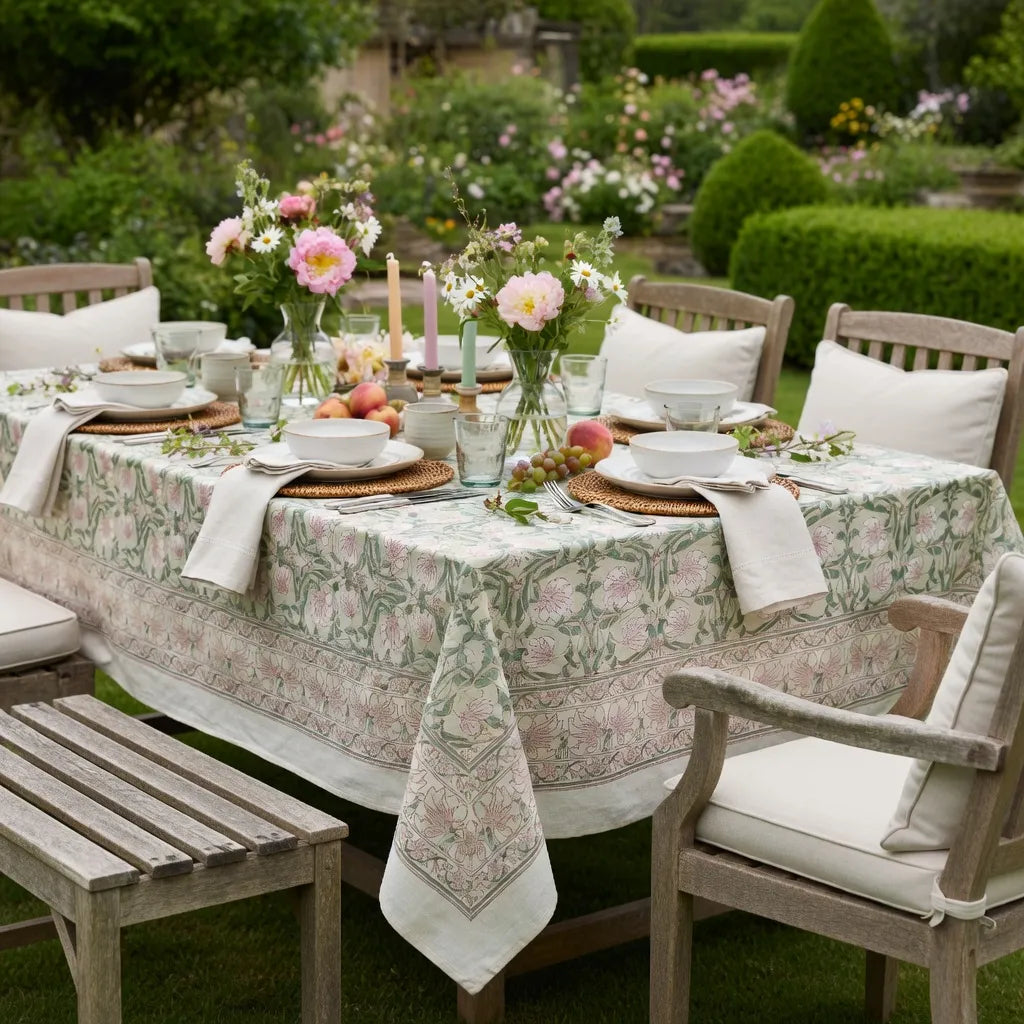 A rectangular outdoor dining table set with a floral tablecloth, white plates, folded napkins, woven placemats, candles, and floral centerpieces, surrounded by wooden garden chairs and a bench in a lush garden setting.