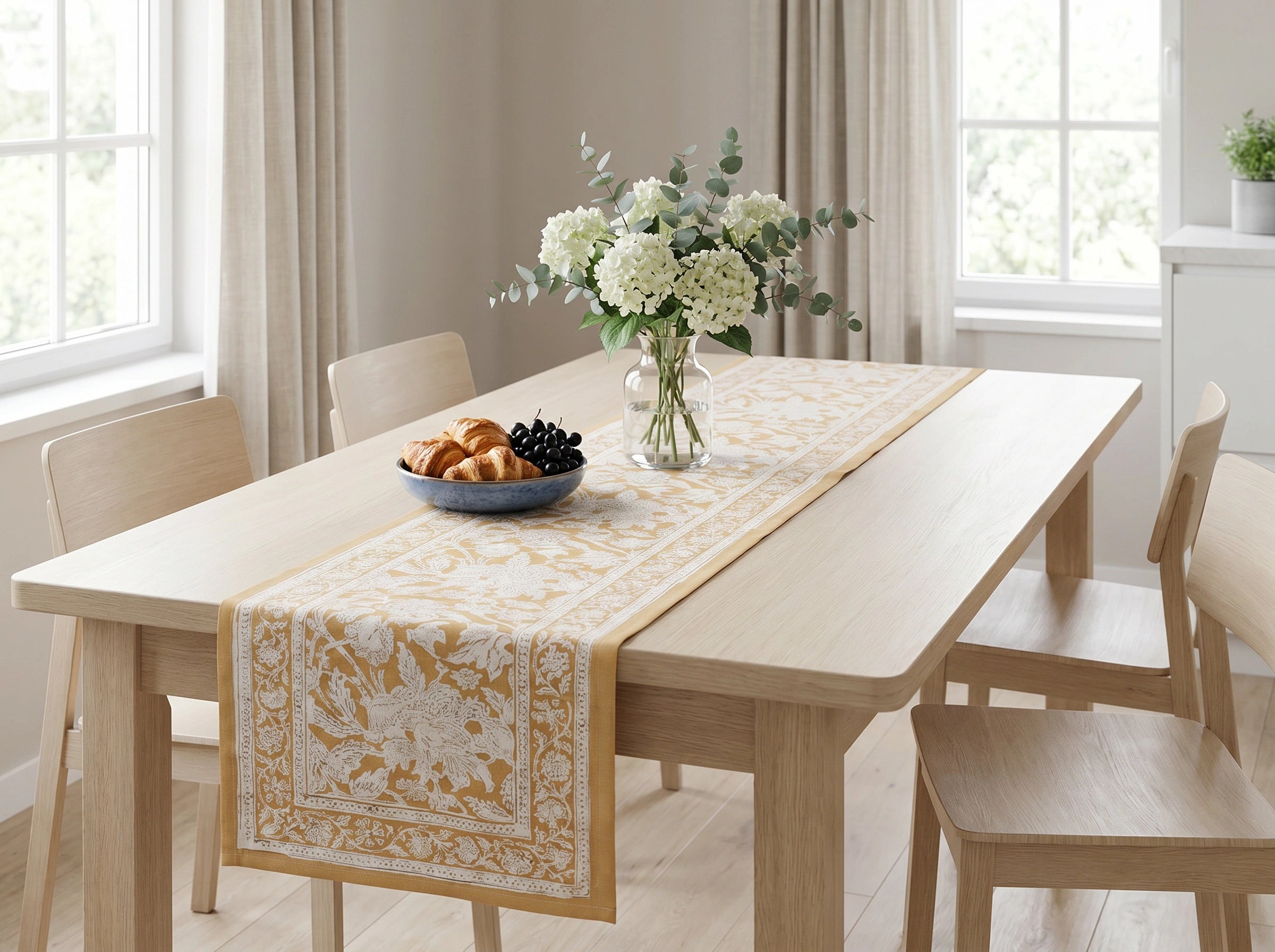 A light wood dining table with a beige and white patterned table runner, surrounded by matching light wood chairs in a bright, neutral-toned dining room. A glass vase with white flowers and a bowl of fruit sit on the table.