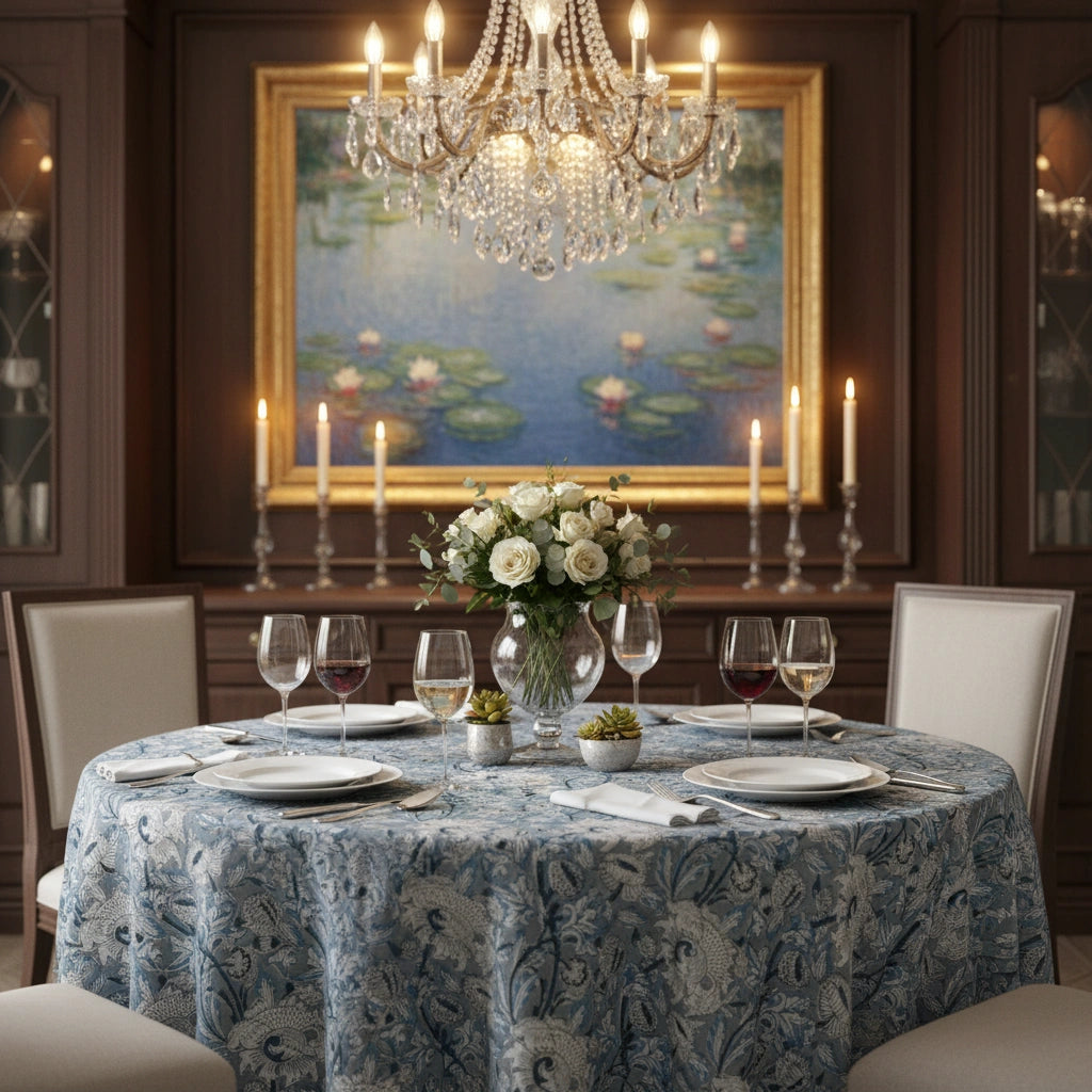 A round dining table set for six with a blue and white floral tablecloth, white rose centerpiece, wine glasses, and plates in a dark wood dining room under a crystal chandelier and a large framed pond painting.