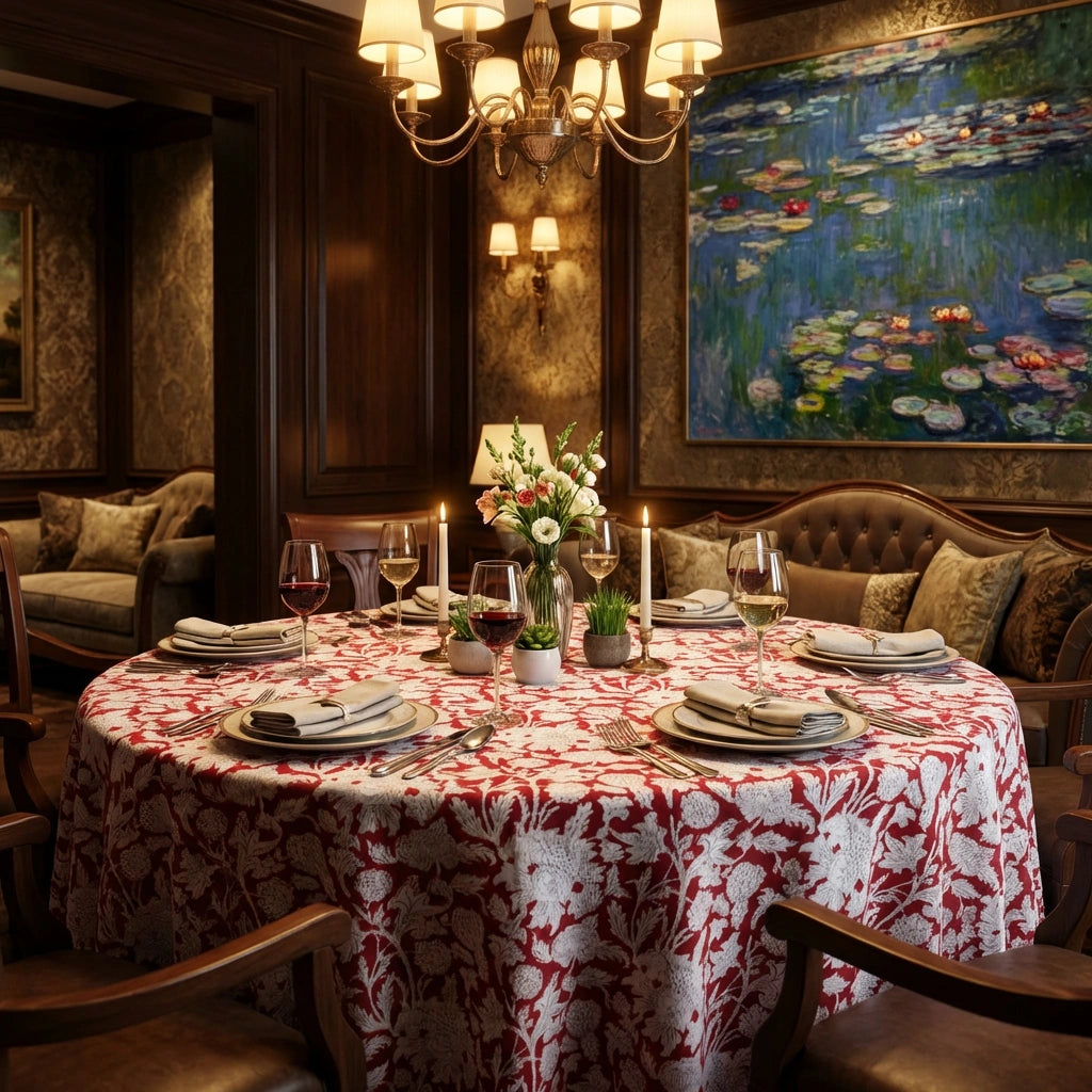 A round dining table set for six in an elegant, dark wood-paneled room. The table is covered with a red and white patterned tablecloth, set with plates, wine glasses, candles, and a small floral centerpiece.