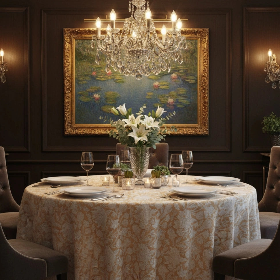 An elegant dining room scene with a round table covered in a beige damask tablecloth, set with white plates, wine glasses, and a floral centerpiece. A large framed water lily painting hangs on the dark wood wall behind it, with a crystal chandelier and wall sconces above.