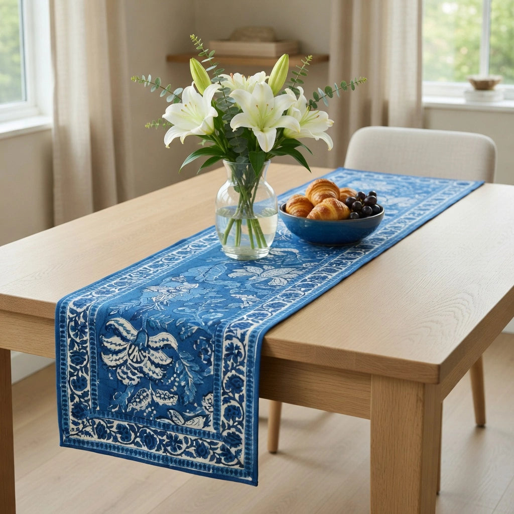 A blue and white patterned table runner draped across a light wood dining table, styled with a glass vase of white lilies and a blue bowl of pastries in a bright, modern dining room.