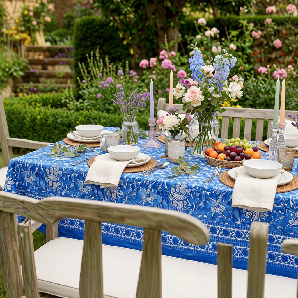 A blue and white patterned tablecloth covers an outdoor garden table set with white bowls, folded white napkins, candles, flowers, and a basket of fruit, surrounded by wooden chairs and a lush garden background.