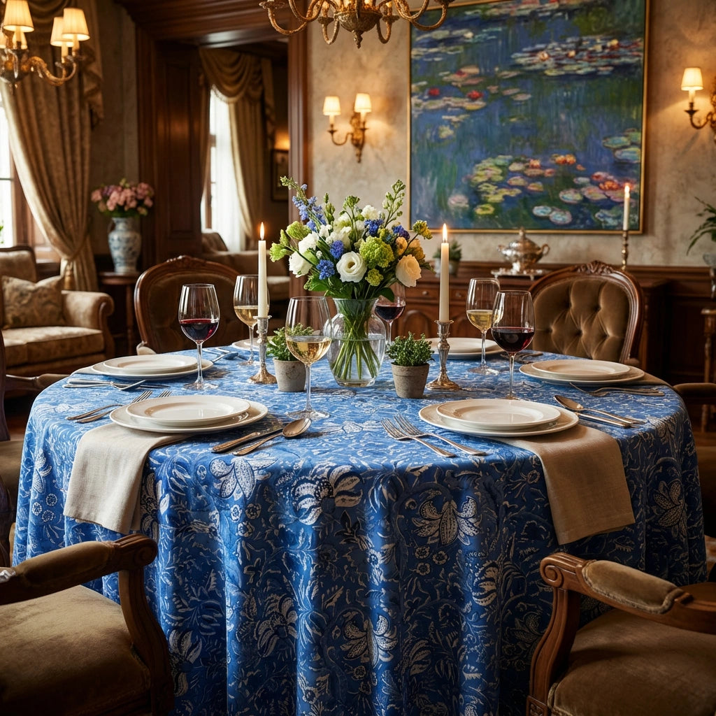 A round dining table set in a warm, elegant room, covered with a rich royal blue damask tablecloth featuring a white floral pattern. The table is fully set with white plates, gold cutlery, lit taper candles, and a vibrant floral centerpiece.