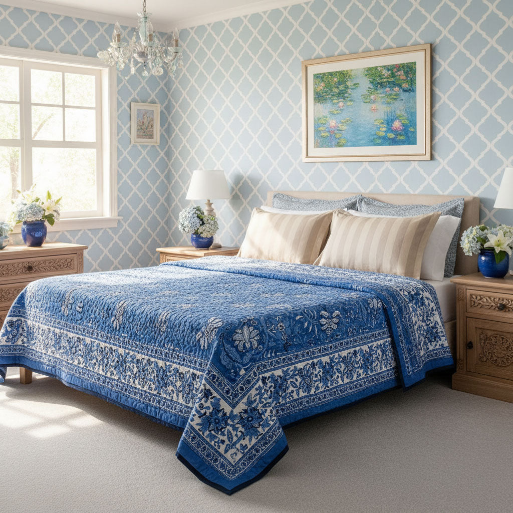 Hand Block Printed Cotton Quilt King Size | Anarkali Blue Gud 106797