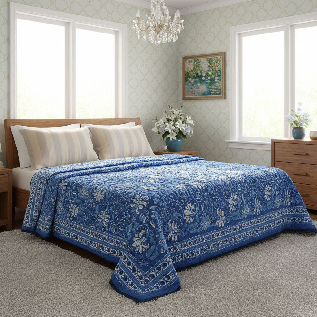 A blue patterned quilted comforter with white floral motifs is neatly spread across a wooden bed in a bright, light-colored bedroom with two windows, a chandelier, and a carpeted floor.