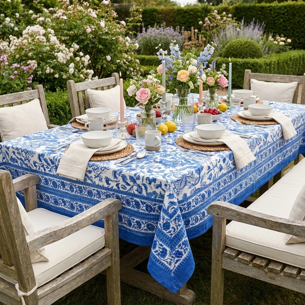 A blue and white patterned tablecloth with a floral and scroll design is draped over an outdoor dining table set with white plates, cream napkins, woven placemats, and floral centerpieces, surrounded by wooden chairs in a lush garden setting.