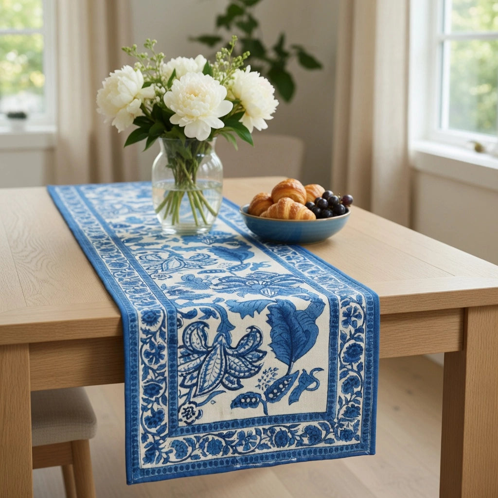 A blue and white patterned table runner with floral and butterfly motifs is styled on a light wood dining table. A glass vase with white peonies and a blue bowl of pastries sit on the table, set against a softly blurred background of a bright room with windows.