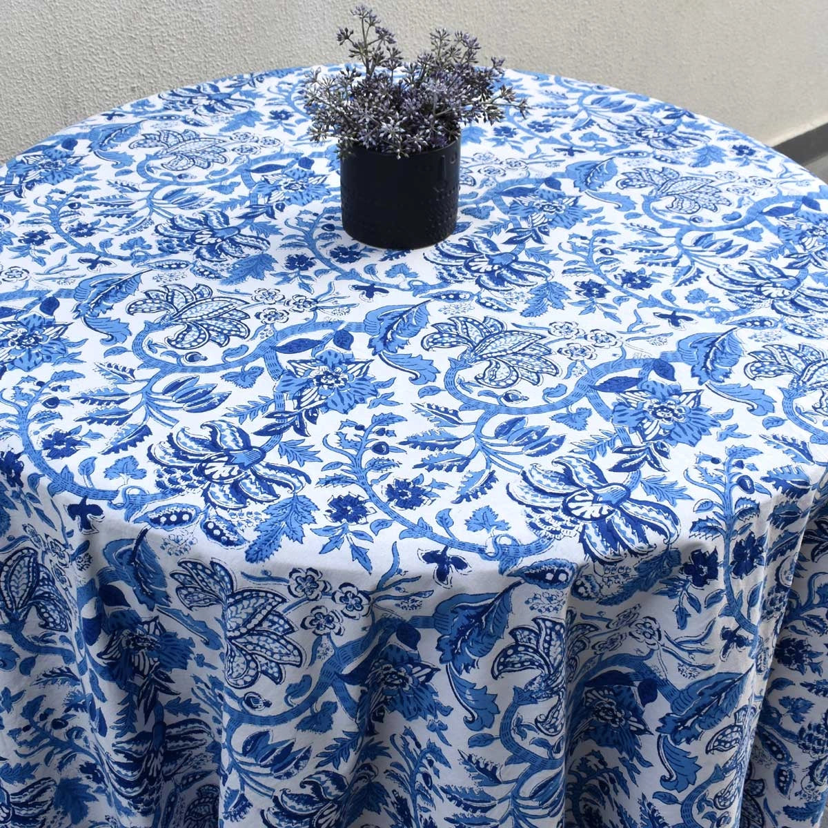 Hand Block Printed Round Tablecloth Anarkali Blue Open