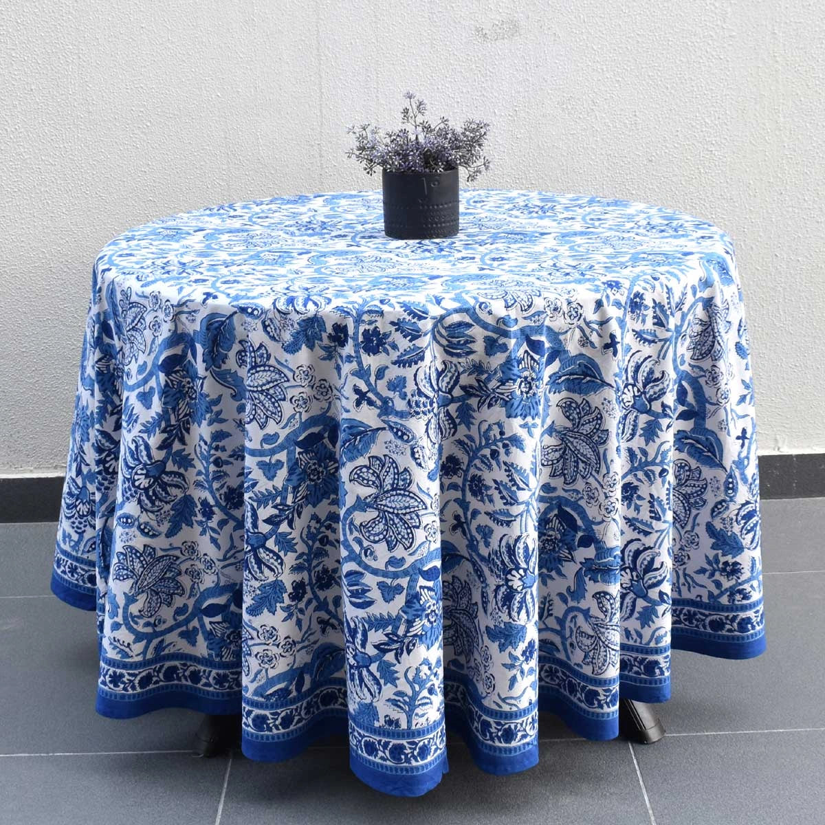 Hand Block Printed Round Tablecloth Anarkali Blue Open