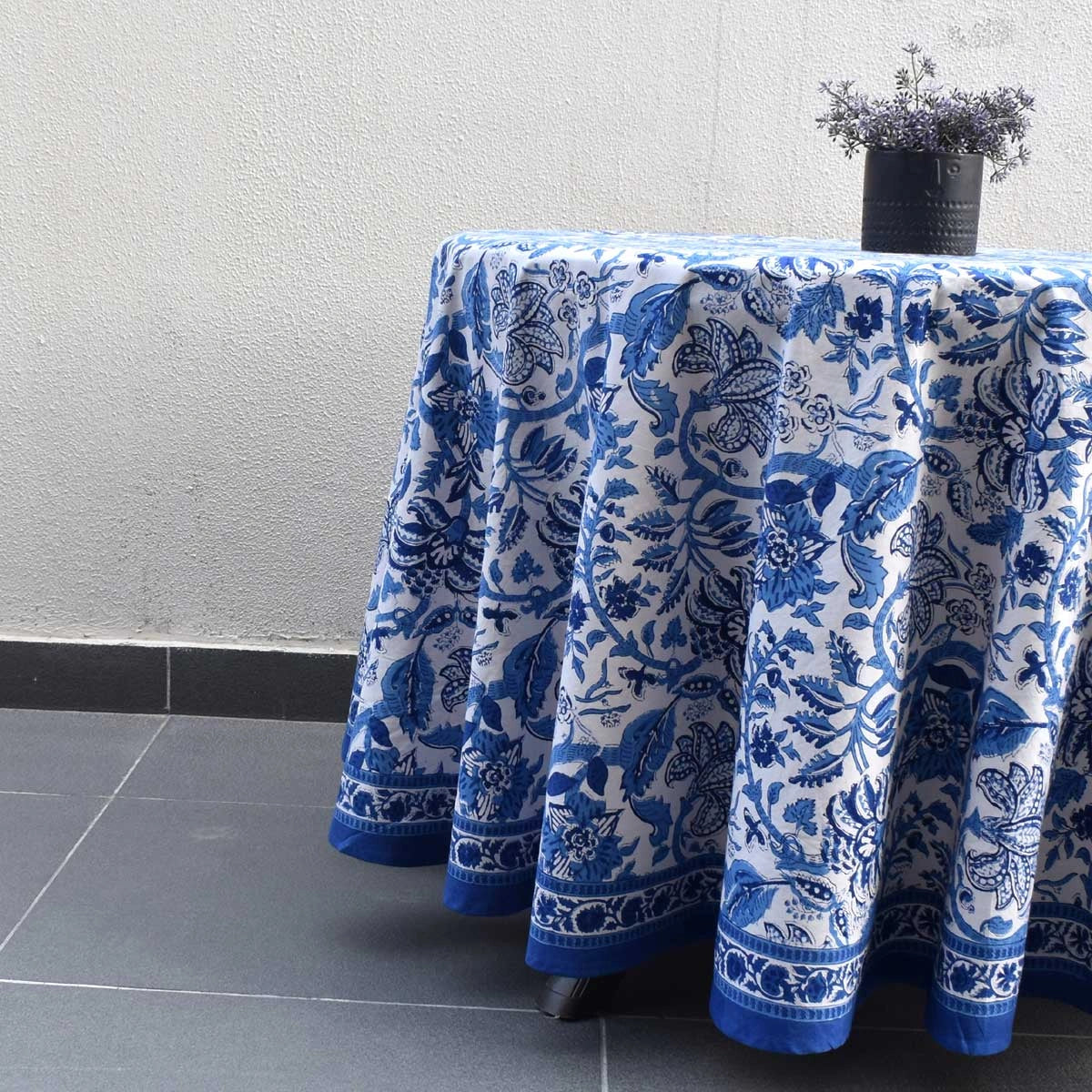 Hand Block Printed Round Tablecloth Anarkali Blue Open