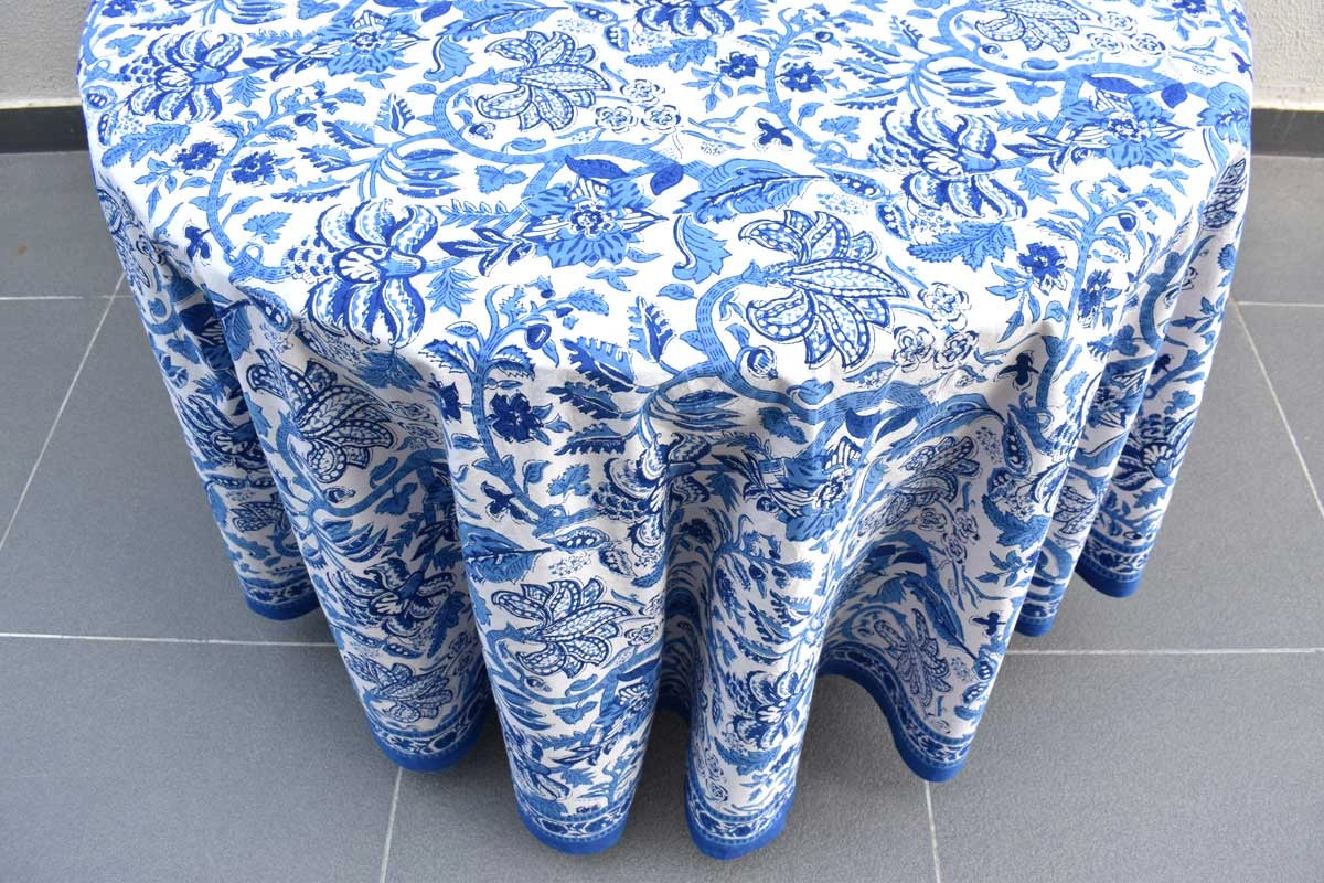 Hand Block Printed Round Tablecloth Anarkali Blue Open