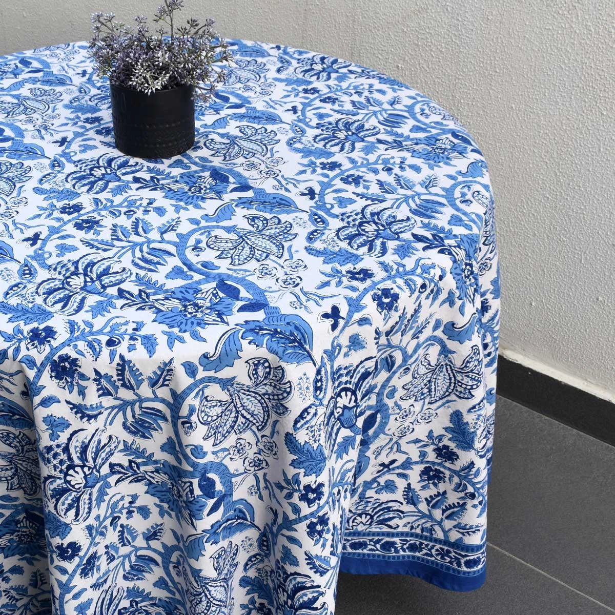 Hand Block Printed Round Tablecloth Anarkali Blue Open